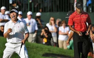 Little did we know: this moment was the beginning of the downward spiral for Tiger Woods. YE Yang beat him at Hazeltine in 2009.