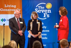 Good Leadership Breakfast sponsors Dan McGinty of Allina Health, joined Jodi Harpstead (center) of Lutheran Social on stage with our co-host, Teresa Daly of Navigate Forward.